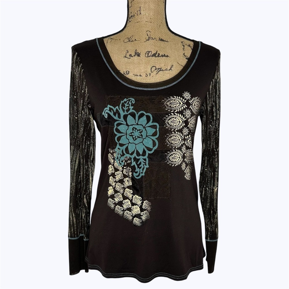 Christopher Banks Mesh Sleeve Top Brown Mixed Media Floral Lace Boho Y2K Sz S